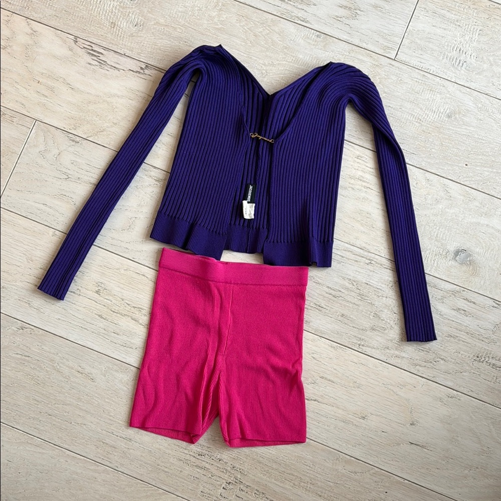 Jacquemus Purple Ribbed Top and Pink Shorts Set
